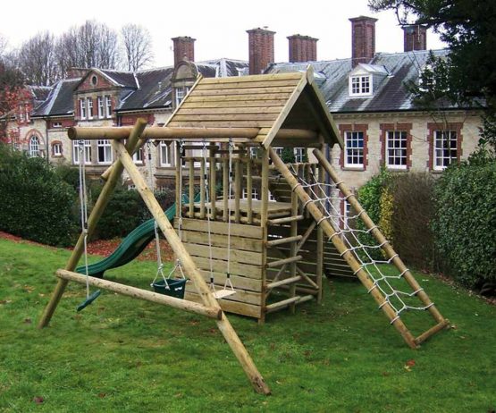 Garden Play Fort with Cargo Net and Swing Extension